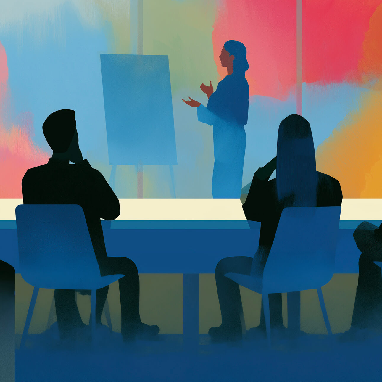 Trainerin moderiert einen Workshop vor einer Gruppe von Teilnehmenden