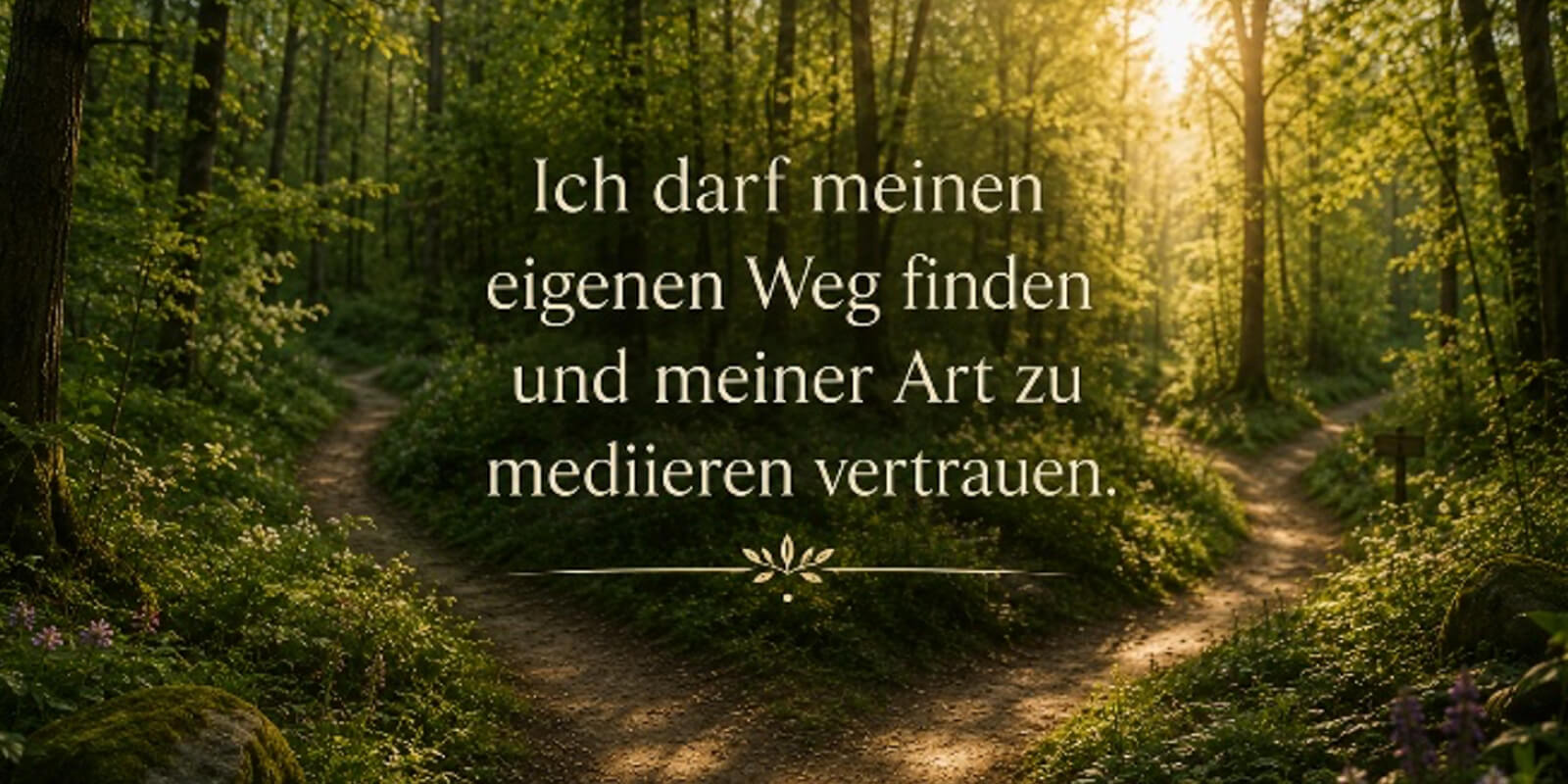 Waldweg mit zwei sich verzweigenden Pfaden als Symbol für den eigenen Weg in der Mediation und persönliches Wachstum.
