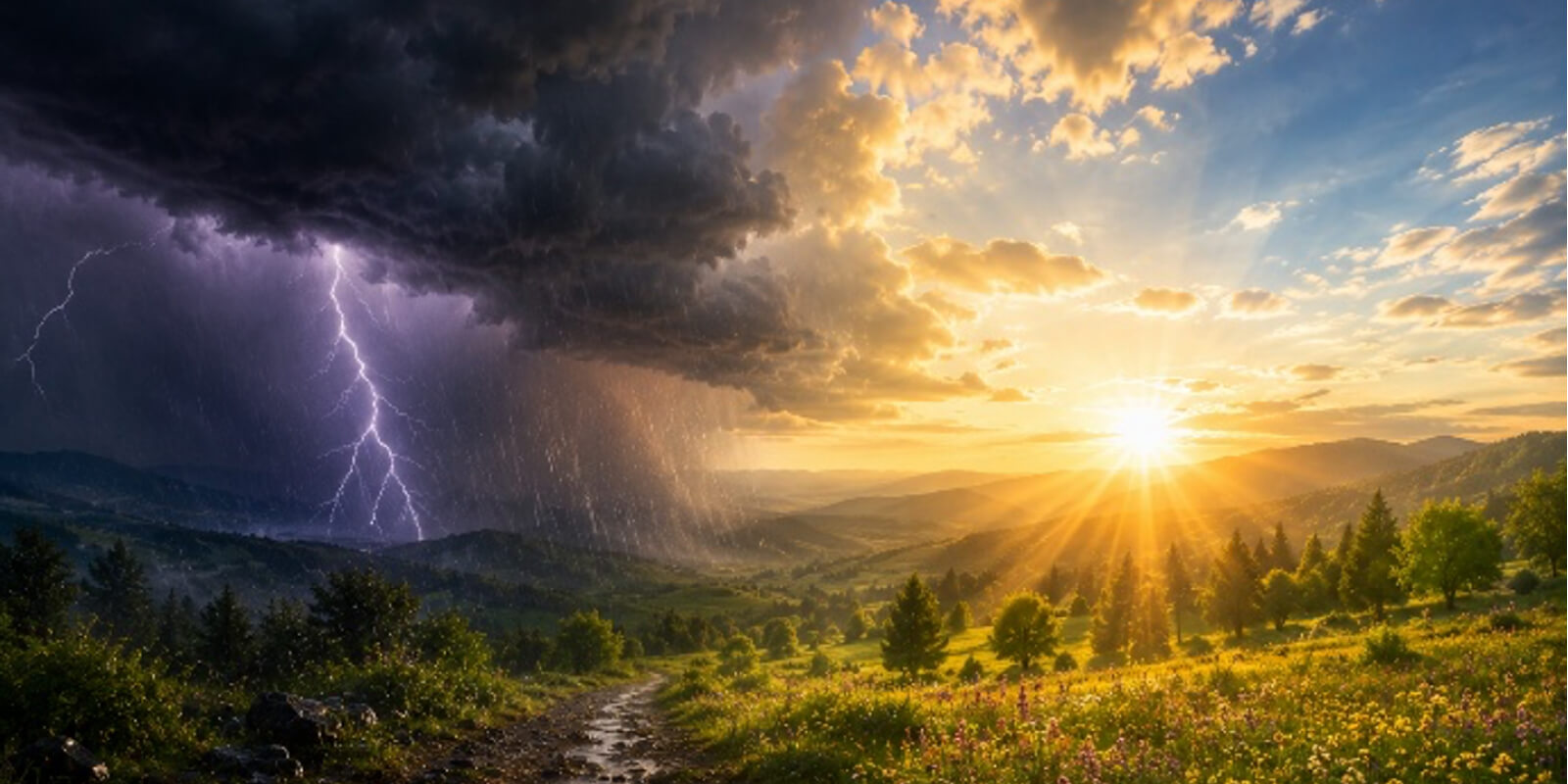 Landschaft mit Gewitter und Sonnenschein als Symbol für den Weg vom Konflikt zur Klärung und neuen Perspektiven.